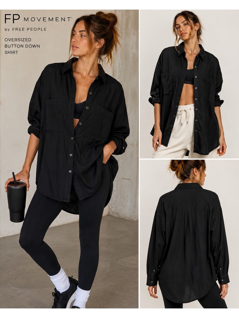 FP Movement Free People Black Utility Button Down Shirt Tunic Size S